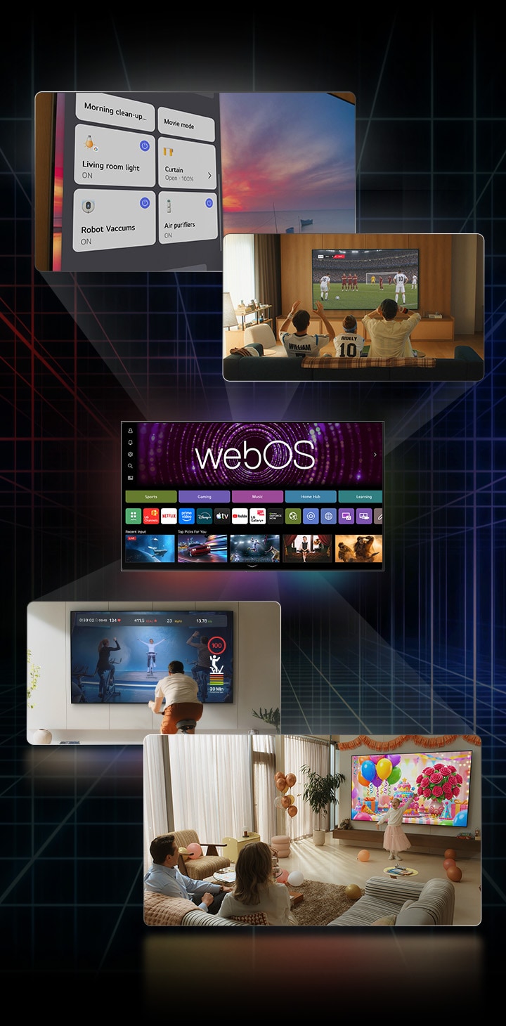 LG AI TV showcases the webOS home screen at the center of multiple entertainment scenes, including live soccer viewing, smart home controls, AI-generated image content, and an interactive home workout displayed across TV screens.