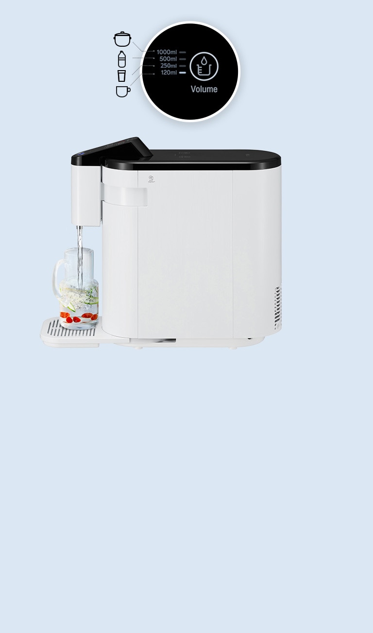 The side view of the water purifier is shown on a light blue background and the water purifier button is enlarged