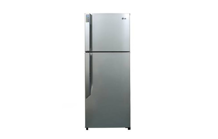 Front view of 390L Platinum Silver, Green Plasma Top Mount Fridge GR-M402CLN