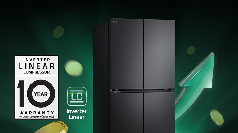 Refrigerator in front of rising arrows and piling coins