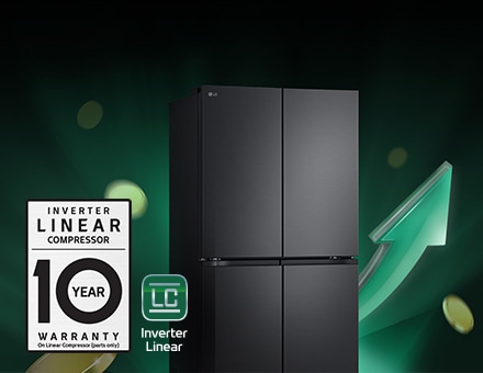 Refrigerator in front of rising arrows and piling coins