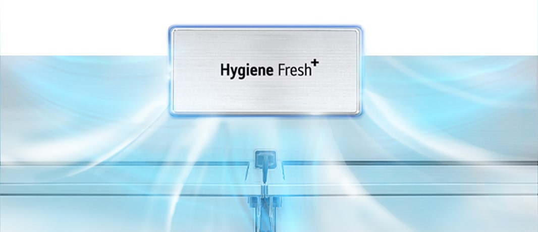 Highlighted Hygiene Fresh+ and a gray arrow, which means stench, is sucked into Hygiene Fresh+, and clean cold air spreads out.