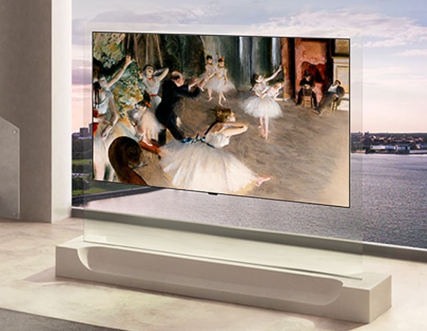 LG OLED evo AI W6 Wallpaper TV with a 9mm-range profile is placed in a living space with expansive floor-to-ceiling windows overlooking a river, displaying a ballet painting that harmonizes with the refined interior.