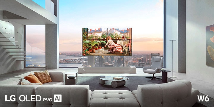 LG OLED evo AI W6 Wallpaper TV with a 9mm-range profile is showcased in a living room, blending into the sophisticated interior while displaying a vibrant painting of a woman relaxing with a dog beside expansive city-view windows.