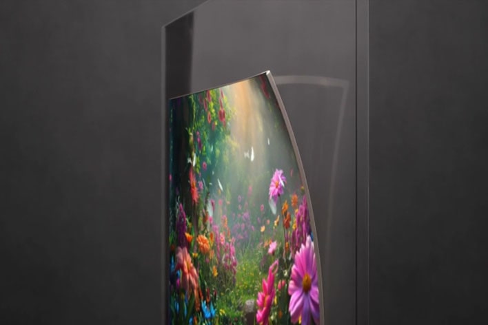 LG OLED evo AI W6 Wallpaper TV with a 9mm-range profile highlights its ultra-slim design, mounted on a glass panel for an unobtrusive appearance that enhances the refined aesthetic of the modern living space.