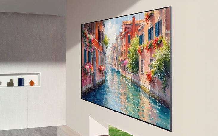 LG OLED evo AI G6 features a Gallery-like Design mounted flush against the wall in a modern living space, displaying a vibrant canal scene with colorful buildings and flowers that blends naturally into the refined interior.