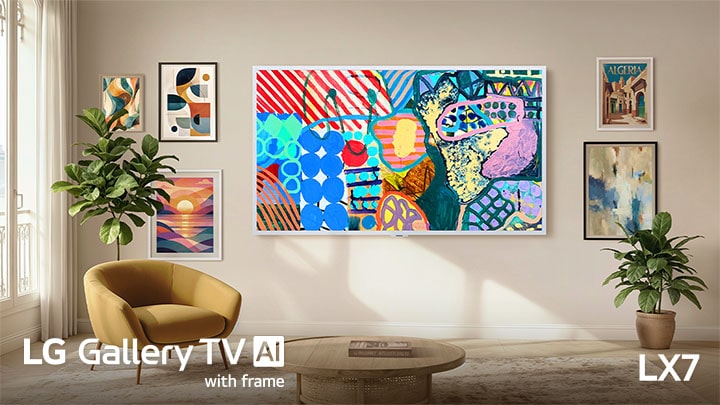 LG Gallery TV AI with frame LX7 ART TV features a Gallery Design with an Attachable Frame, mounted on the wall in a stylish room while displaying vibrant abstract artwork that blends seamlessly with surrounding décor and framed art.
