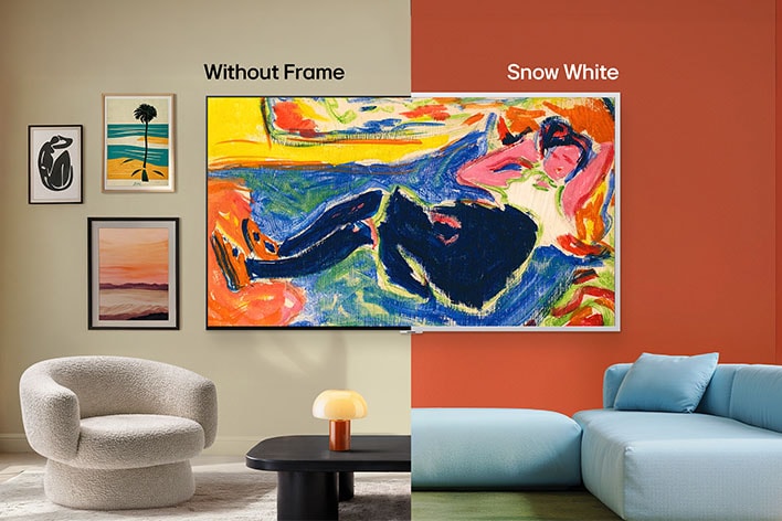 LG Gallery TV AI with frame LX7 ART TV featuring Attachable Gallery Frame is shown in a split view with and without the Snow White frame option, illustrating how swapping the frame changes the ambiance of the space.