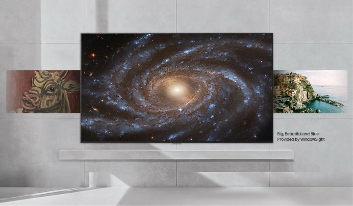 LG ART TV with LG Gallery+ displays curated artwork—space-themed visuals, Korean-style paintings, and scenic landscapes—cycling through each piece on screen.