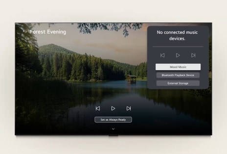 LG ART TV’s LG Gallery+ with BGM and Music Lounge shows the “Forest Evening” forest lake scene on screen, with a visible music lounge UI panel for mood music, Bluetooth playback, and controls.