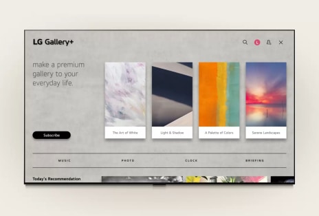 LG ART TV shows the LG Gallery+ gray interface with a music and theme selection menu, moving from selecting preferences to creating My Album and showing curated artwork.