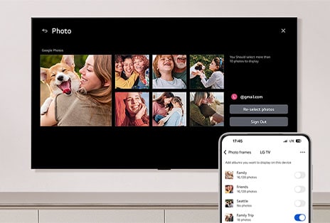 LG ART TV shows a Google Photos grid of family snapshots, while a phone displays an album list with the Family Trip album toggle switched on.