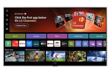 LG ART TV home screen navigates into the LG Channels interface, showcasing free live TV channels, movies, and exclusive content. The video highlights direct access to hundreds of entertainment options.