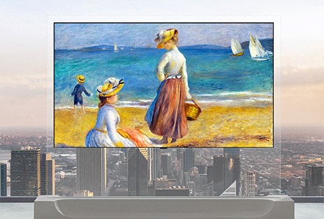 LG OLED evo AI W6 Wallpaper TV is shown in front of floor-to-ceiling windows, displaying a framed painting creating the appearance of artwork suspended within the living space.