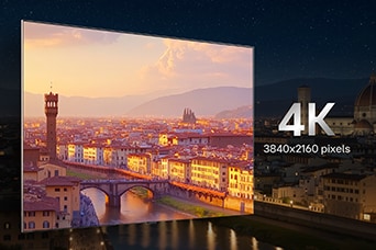 LG TV with 4K resolution displays a brightly lit sunset cityscape with 3840x2160 pixels, emphasizing sharp image clarity, vivid color expression, and an immersive everyday viewing experience.