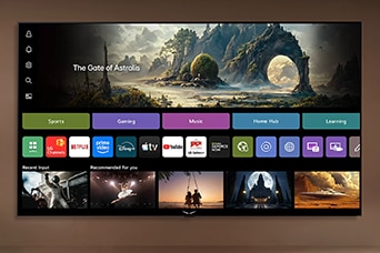 LG TV as an AI TV displays a home screen in a living space, showcasing apps like LG Channels and Netflix alongside recommended content, while the interface highlights direct access to hundreds of entertainment options.