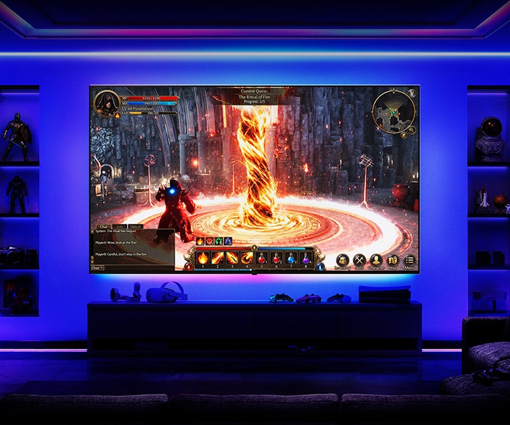 LG TV for gaming is wall-mounted in a dark room with ambient lighting, where a large screen displays a fast-paced action scene with dynamic effects, illustrating smooth and responsive gameplay with immersive visual performance.