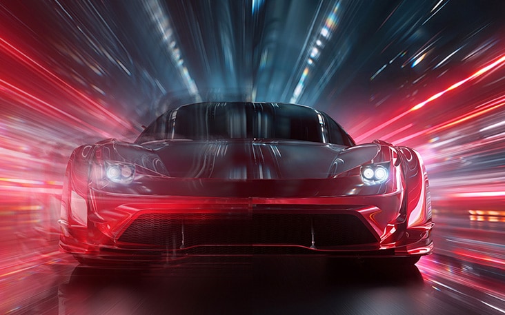 LG TV for gaming shows a split-screen image of a car in motion, with the left side appearing more blurred and the right side clearer, highlighting reduced motion blur and improved clarity for smoother, more responsive gameplay.