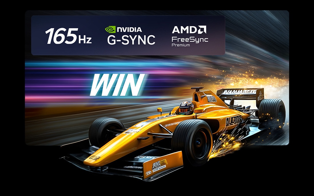 LG TV for Unbeatable Gameplay in 4K 165Hz shows a high-speed racing game with a yellow open-wheel car in motion, bold “WIN” text on screen, and NVIDIA G-SYNC and AMD FreeSync Premium logos at the top.