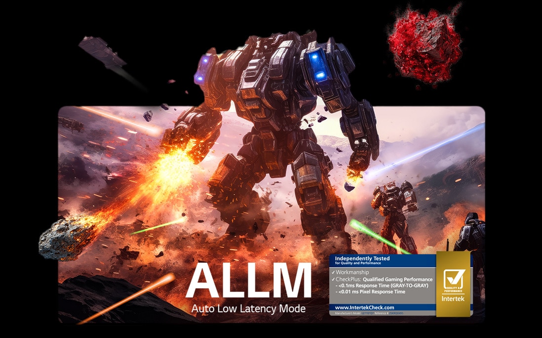 LG TV with low input-lag shows an intense gaming scene with a towering combat robot amid explosions, with on-screen text referencing Auto Low Latency Mode (ALLM) and Intertek-certified Qualified Gaming Performance.