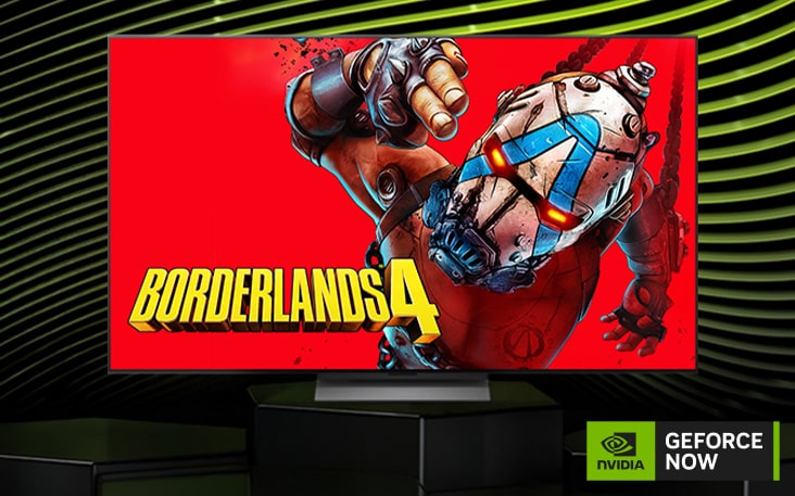 LG TV with NVIDIA GeForce NOW displays Borderlands 4 on screen alongside a GeForce NOW logo, presenting cloud gaming access within the TV interface. 
