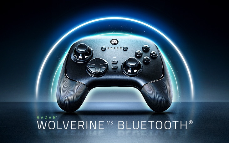 LG TV with Bluetooth Ultra Low Latency shows a wireless game controller labeled “Razer Wolverine V3 Bluetooth” on screen, indicating optimized Bluetooth controller support for responsive gameplay.