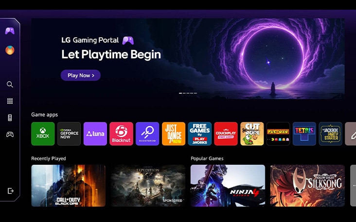 LG TV displays the LG Gaming Portal on the webOS screen, showing a gaming hub with a one-step interface that provides access to multiple game apps via cloud gaming services such as NVIDIA GeForce NOW and webOS apps.