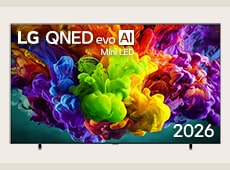 The front view of LG QNED evo AI QNED86 Mini LED, released in 2026, fills the screen with vivid, fluid bursts of multicolored, paint-like motion, as dense clouds of color blend seamlessly across the display.