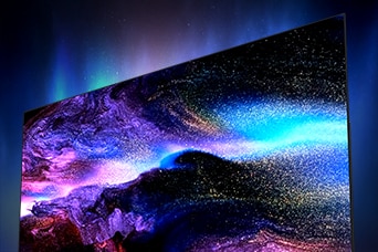 LG TV featuring Picture quality by display showcases a sleek angled screen filled with luminous galaxy-like textures and vivid color gradients, highlighting immersive visual depth and clarity.