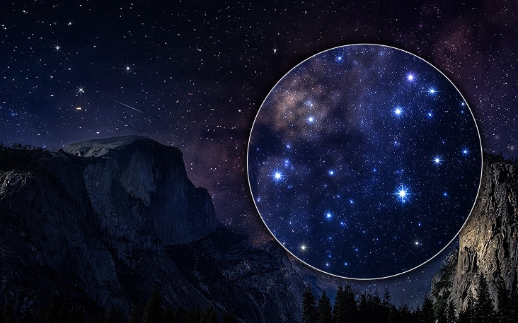 LG TV as a cinema TV with deep black enhances contrast, presenting a star-filled night sky with a zoomed-in section that reveals deeper black levels, preserved shadow detail, and brighter stars in refined clarity.