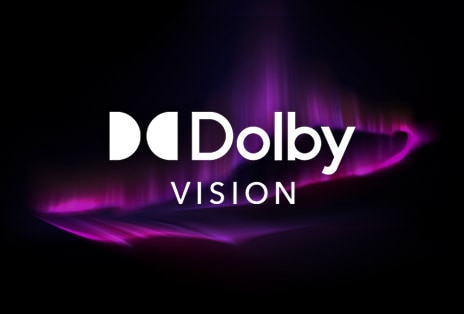 LG TV with Dolby Vision highlights cinematic picture quality, featuring the Dolby Vision logo against a dark background with a subtle purple glow effect.
