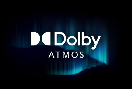 LG TV with Dolby Atmos highlights cinema-level surround sound, displaying the Dolby Atmos logo against a dark background with a subtle blue glow effect.
