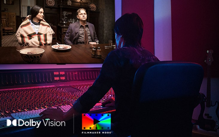 LG TV is shown in a studio as a director works at a control panel while editing a movie displayed on screen. The Dolby Vision and FILMMAKER MODE logos appear at the bottom left.