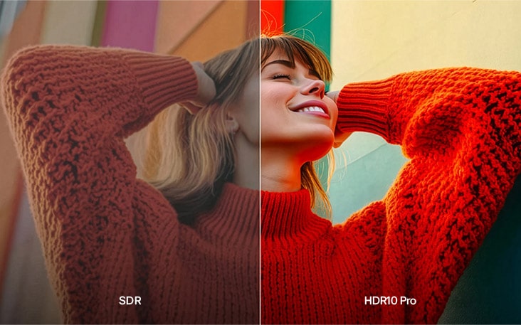 LG TV with HDR10 Pro optimizes picture quality as a split display compares SDR and HDR10 Pro, showing a woman in a red knit sweater with brighter highlights, richer skin tones, and more vivid fabric texture for greater depth.
