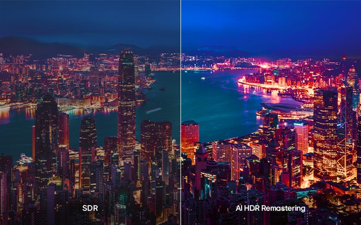 LG TV with AI HDR Remastering is shown in a split cityscape comparison, with SDR on the left and AI HDR Remastering on the right, displaying brighter city lights, deeper contrast, and more vivid detail across the scene.