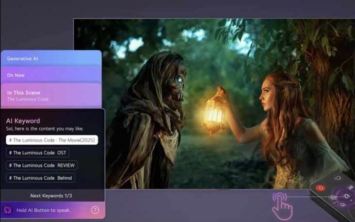 LG TV with AI Concierge shows an AI-based menu overlay on the left side of the movie screen, displaying scene-based content suggestions and AI keywords such as OST and reviews, accessed by a short remote press.