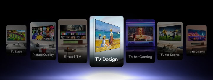 LG TV showcases diverse product lineups across themes including TV Design, Smart TV, Picture Quality, TV for Gaming, Sports, and Cinema, guiding users to discover the LG TV that fits their lifestyle and viewing needs.