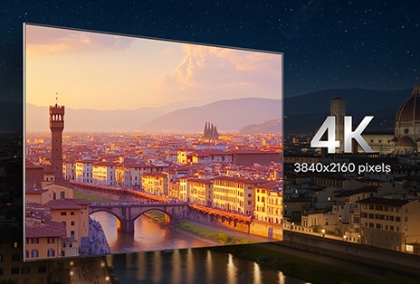 LG 4K TV displays a vivid 3840x2160 resolution scene on a wide, slim-bezel screen, featuring a brightly lit cityscape at sunset, emphasizing sharp detail, high pixel density, and immersive everyday viewing clarity.