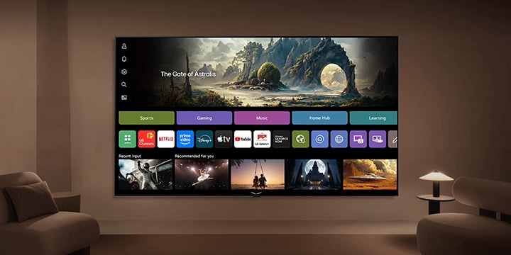 LG TV as an AI TV displays a home screen in a living space, showcasing apps like LG Channels and Netflix alongside recommended content, while the interface highlights direct access to hundreds of entertainment options.