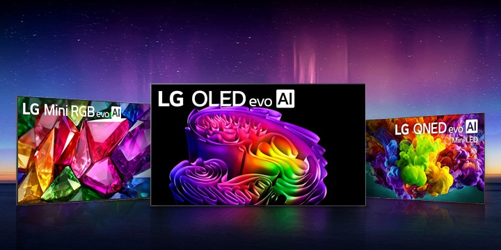 LG TV lineup shows differences in picture quality between LG OLED evo AI, LG Mini RGB evo AI, and LG QNED evo AI Mini LED, each displaying bright and richly detailed abstract visuals against a dark background.