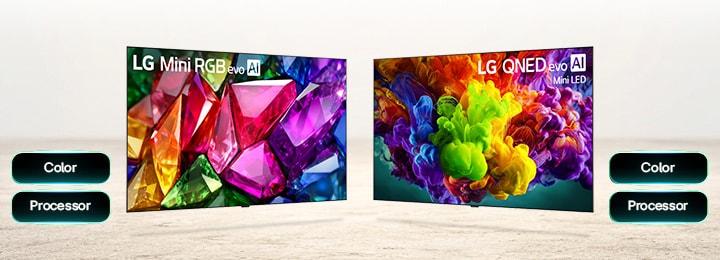 LG Mini RGB evo showcases refined color performance through vivid crystal-like visuals beside a list of key strengths including color and processor for detailed and precise picture quality. LG QNED evo Mini LED showcases its picture quality with expanded color volume through vivid paint-like visuals beside key strengths including color and processor for immersive large-screen viewing.