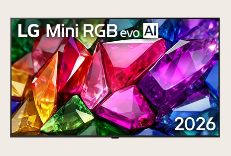 The front view of LG Mini RGB evo AI features a slim black bezel without any stand, while a vivid, crystalline image of sharply defined multicolored facets fills the screen.