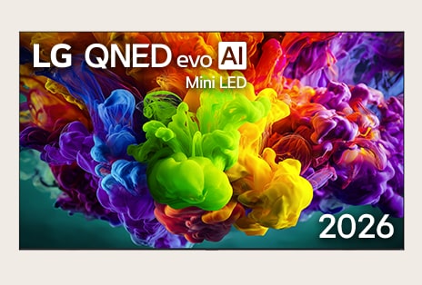 The front view of LG QNED evo Mini LED AI fills the screen with vivid, fluid bursts of multicolored, paint-like motion, as dense clouds of color blend seamlessly across the display.