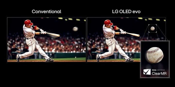 LG TV with ClearMR certified by VESA demonstrates motion clarity through side-by-side baseball action scenes, contrasting conventional viewing on the left with LG OLED evo’s sharp detail and reduced blur on the right.