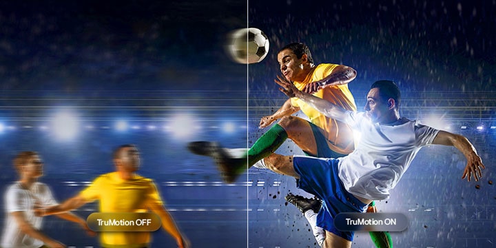 LG TV with TruMotion highlights motion smoothing in a split-screen soccer scene, contrasting blurred action with TruMotion Off and sharp, clear movement with TruMotion On to emphasize clarity in fast-paced sports.