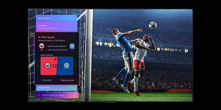 LG TV featuring Sports Forecast by AI Concierge displays a live soccer match with an on-screen AI panel presenting predictions, game insights, and league data, suggesting how AI analyzes gameplay to forecast match outcomes.