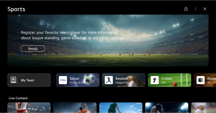 LG TV with Sports Portal offers a personalized sports home page enabling favorite team or player registration, live streaming content, and sports updates with a vibrant, wide live soccer stadium background.