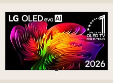 The front view of LG OLED evo AI W6 Wallpaper TV features its clean Wallpaper design, while a dynamic abstract composition of wave-like color gradients in vivid multicolors flows seamlessly across the screen.