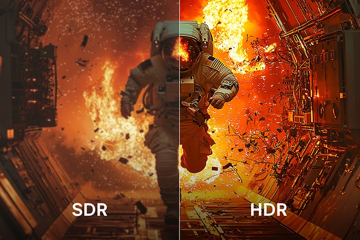 LG TV with HDR enhances contrast as a split display compares SDR and HDR, showing an astronaut scene with brighter highlights, deeper shadows, and more defined detail for a more lifelike viewing experience.