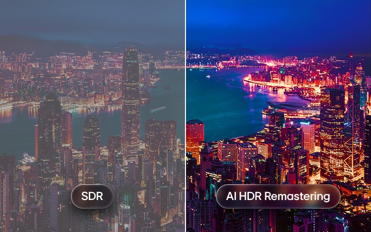 LG TV with AI HDR Remastering is shown in a split cityscape comparison, with SDR on the left and AI HDR Remastering on the right, displaying brighter city lights, deeper contrast, and more vivid detail across the scene.